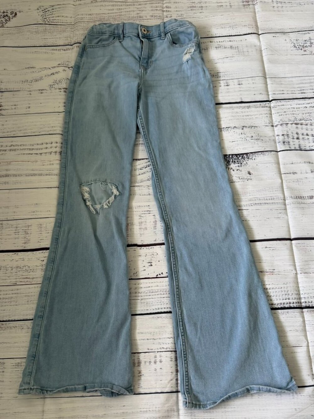 Abercrombie Kids Girl Jeans size 13/14 long w/adjustable straps high rise flare